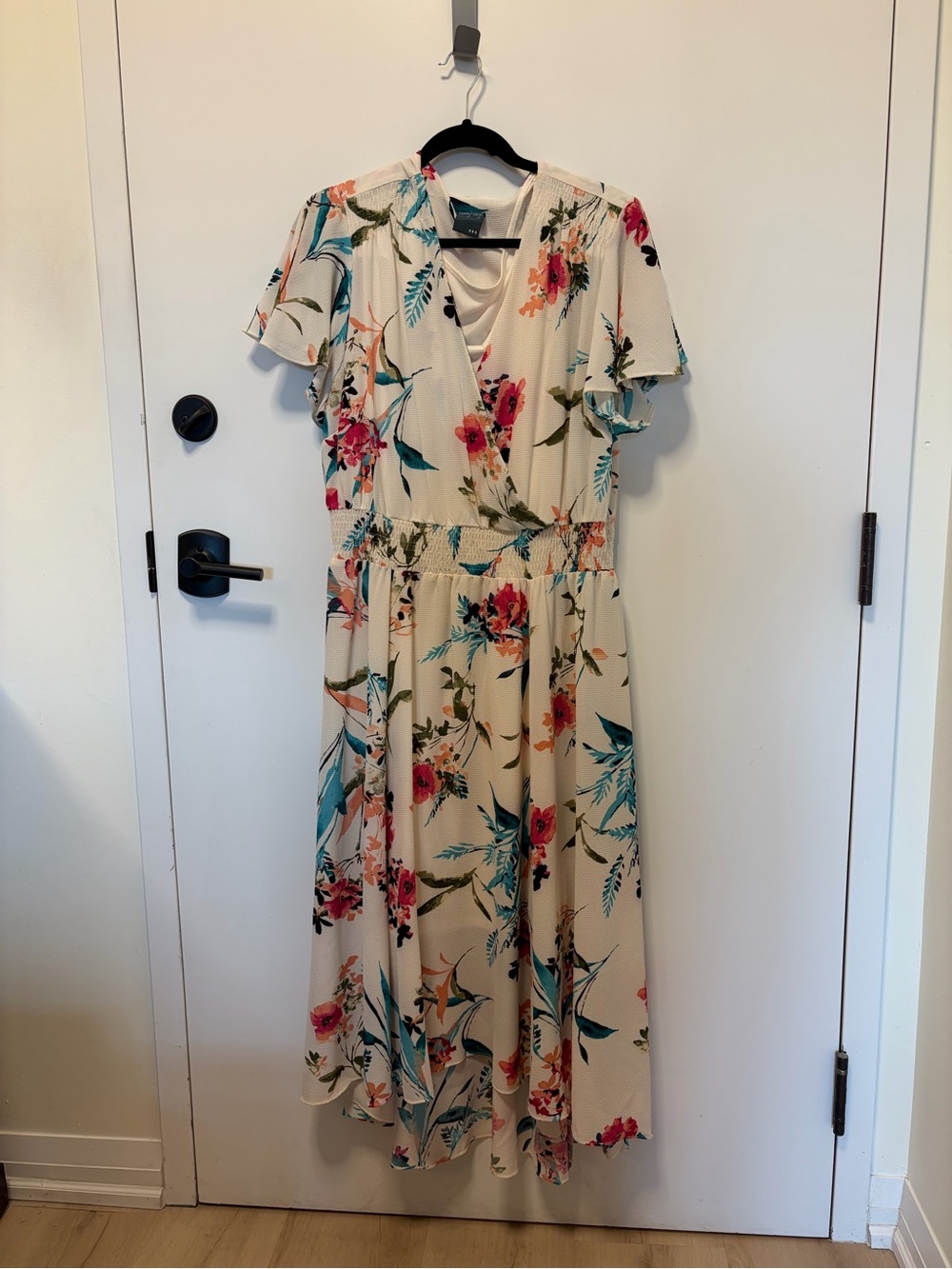 Floral Wrap Midi Dress in Cream with Teal & Pink